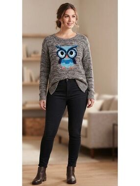 Jolt Gray Marled Blue Owl Graphic Sweater (Size XL)